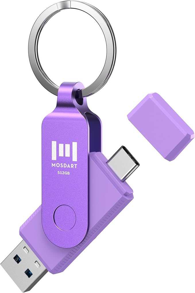 MOSDART 512GB USB3.1 Fast Speed C and A Dual Flash Drive, exFAT Memory Stick with Keychain and LED Indicator, for iPhone 15 and 16, Android Phone, iPad, MacBook, and Other Laptops, Purple