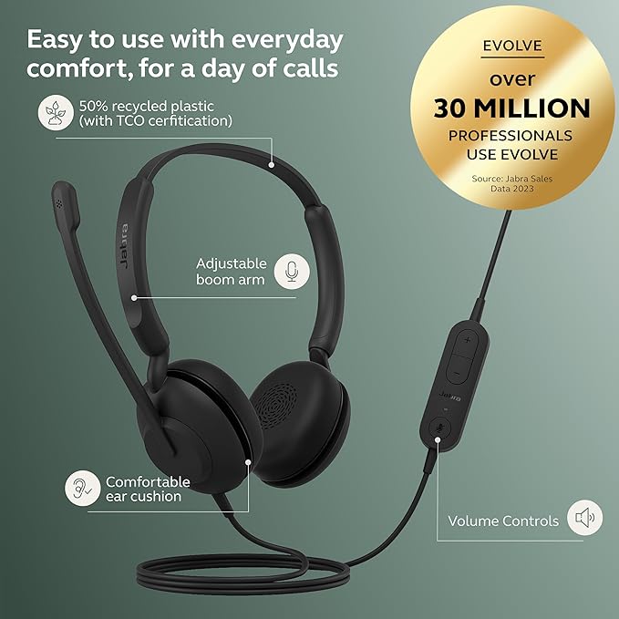 Jabra Evolve 10 Wired Headset with Noise-Cancelling Microphone for PC/Laptop Use, Easy USB-A Setup, TCO Certified, Lightweight Design, Inline Call/Volume Controls for Online Meetings, Black