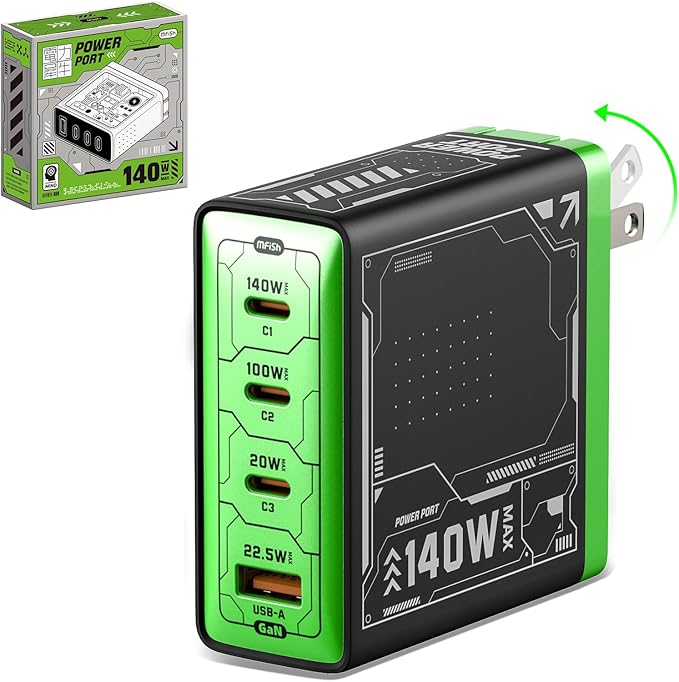 Mfish 140W USB C Charger, 4-Port GaN Charger Block, Foldable Fast Laptop Charger Power Adapter for MacBook Pro/Air, iPad Pro, iPhone 16 Pro, Galaxy S25/S24, Steam Deck, Google Pixelbook, and Tablet