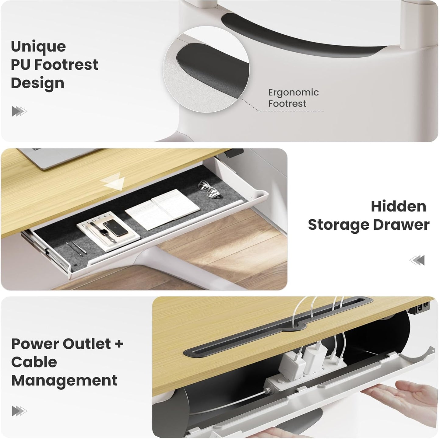 COLAMY Electric Standing Desk, Whole-Piece Gaming Desk with Dual Motors, Ergonomic Footrest, Drawers for Storage, Adjustable Height Sit-Stand Desk for Home Office (MFC Desktop, Light Maple + White)