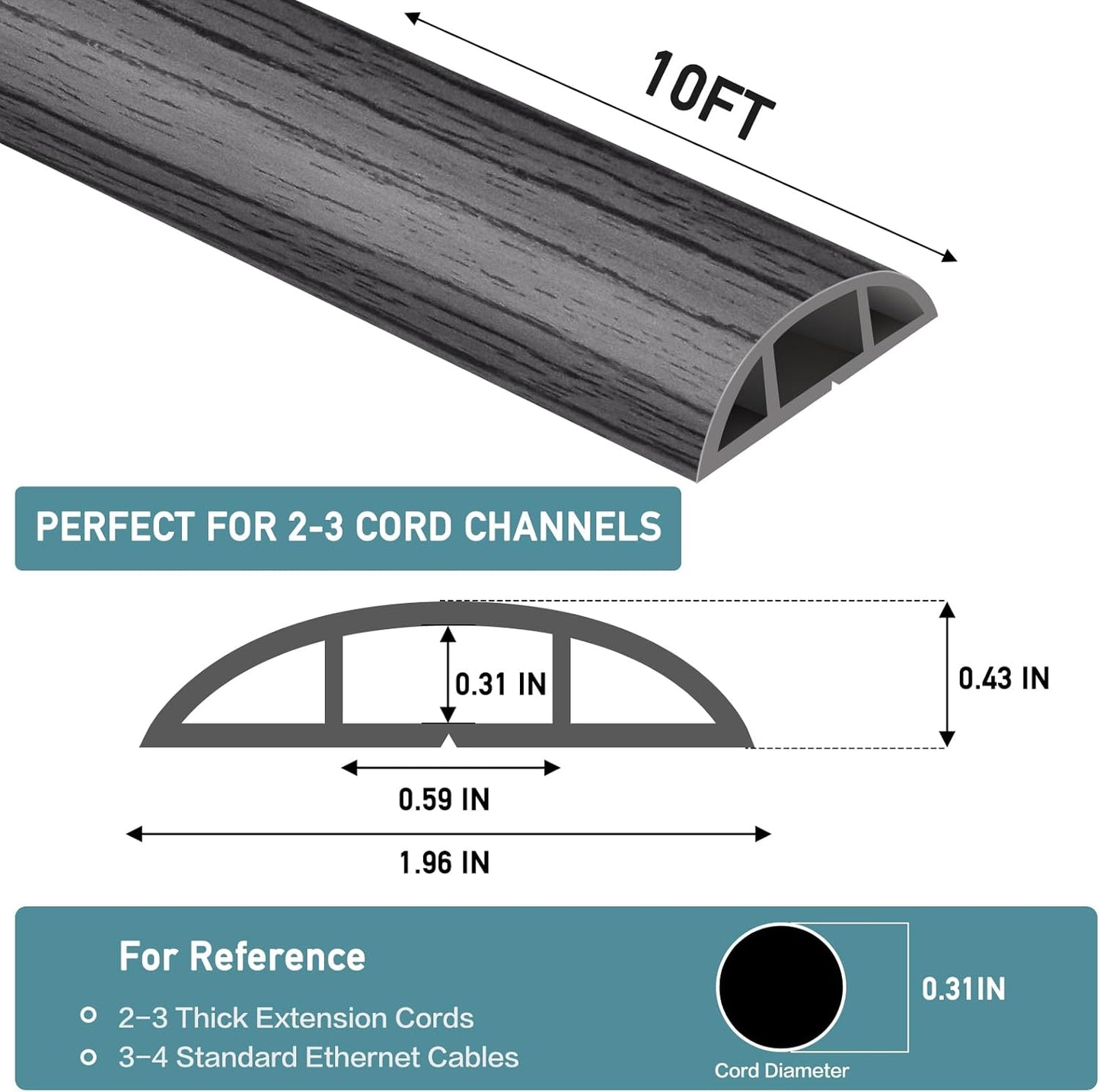 Floor Cord Cover Self Adhesive Cord Hider Floor Extension Cord Covers for Floor Power Cord Protector Cable Management Prevent Cable Trips Cable Cavity 0.59" W x 0.31" H (Deep Grey Wood, 10Ft)
