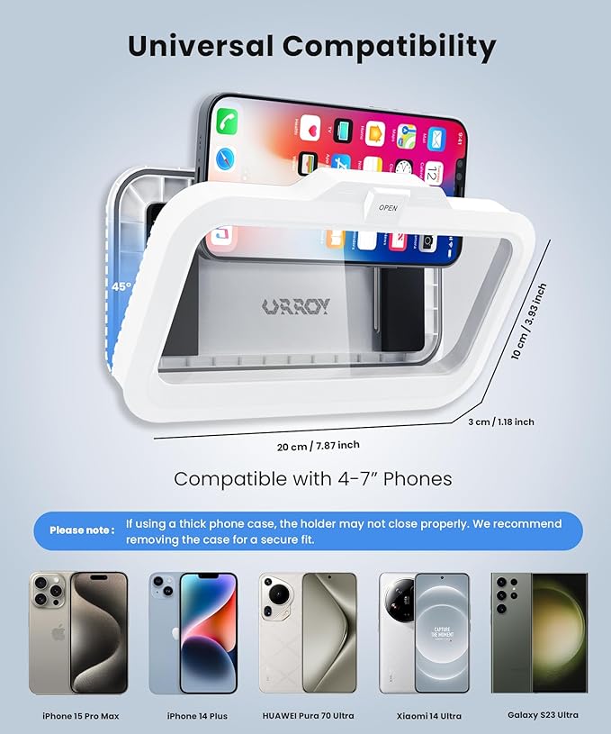 URROY Shower Phone Holder Waterproof One-Touch Open Shower Phone Case Anti-Fog & Sensitive Touchscreen Bathroom Wall Phone Mount Stand Universal Fit for iPhone & Smartphones Gift for Men Women White