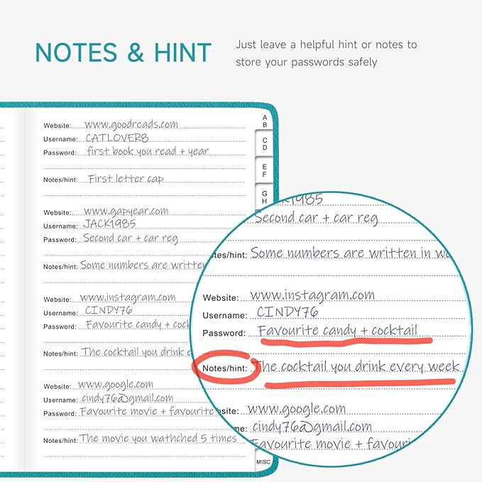 Password Book with Alphabetical Tabs – Hardcover Internet Address & Password Organizer – Password Keeper Notebook for Computer & Website – 5.2 x 7.6" Log-in Password Journal w/Thick Paper (Turquoise)