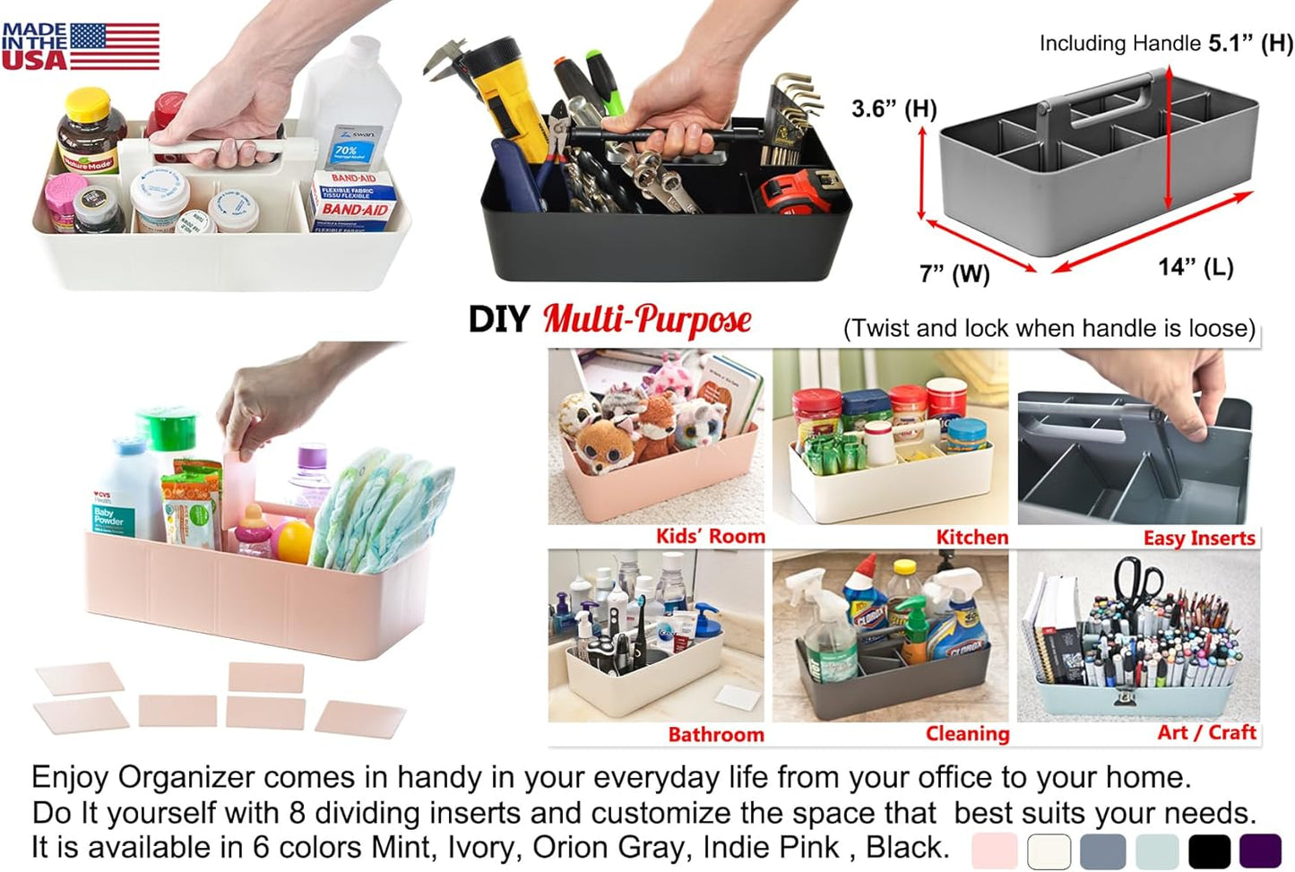 8 Compartments DIY Dividers,Large caddy, Multi Purpose, Simple, Portable, Stackable, Modern Solution for School, Office,MADE IN USA (Royal Purple)