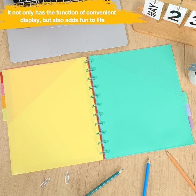 8 Pcs Discbound Pocket Dividers 8.5 x 11 Dividers with Tabs and Pockets Discbound 8 Tab Pocket Folders Letter Size Binder Divider Plastic Disc Planner Supplies for Business School Office(Colorful)