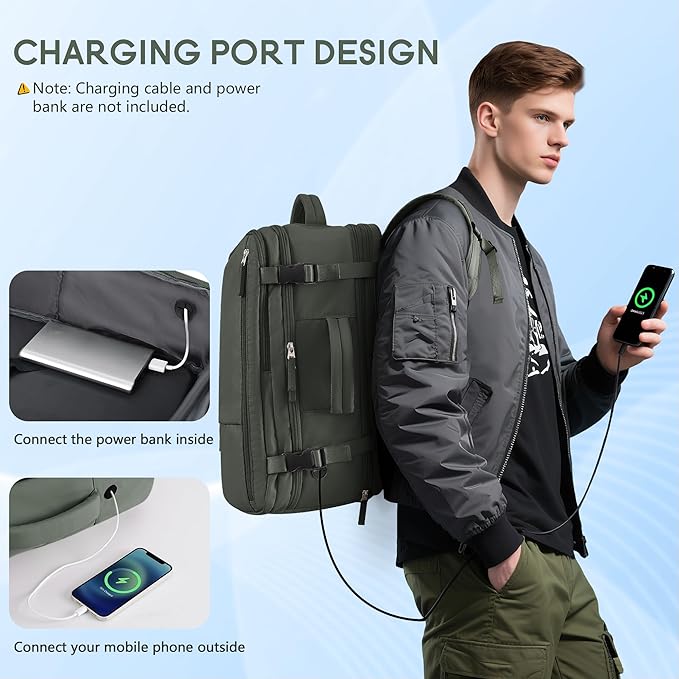 Beraliy Travel Backpack for Men Women, Airline Approved Personal Bag,17.3 Inch Laptop Backpack, Carry On Backpack for Hiking Overnight with USB Charging Hole, Olive-green