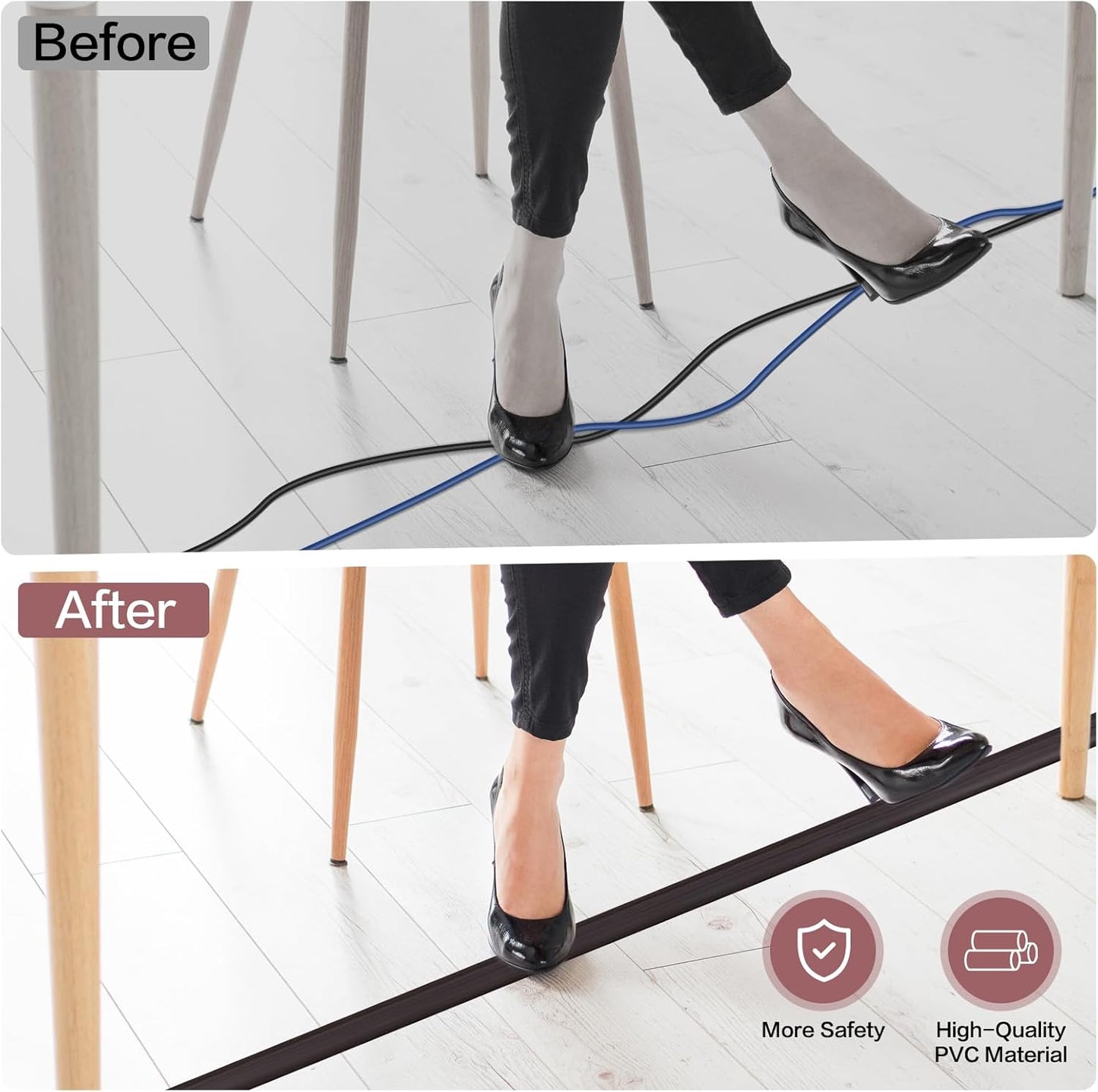 Floor Cord Cover Self Adhesive Cord Hider Floor Extension Cord Covers for Floor Power Cord Protector Cable Management Prevent Cable Trips Cable Cavity 0.32" W x 0.32" H (Dark Walnut, 20Ft)