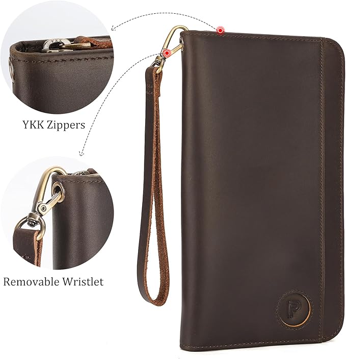 Polare Full Grain Leather Family Passport Holder Travel Documents Organizer RFID Blocking Wallet with Coin Pouch and AirTag Slot Fits 6 Passports