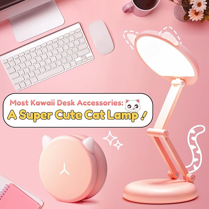 One Fire Cute Desk Lamp Pink Dorm Lamps for College Girls Foldable Portable Rechargeable Dimmable Cute Cat Lamp Kawaii Room Decor,College Dorm Decor for Girls Pink Classroom Essentials
