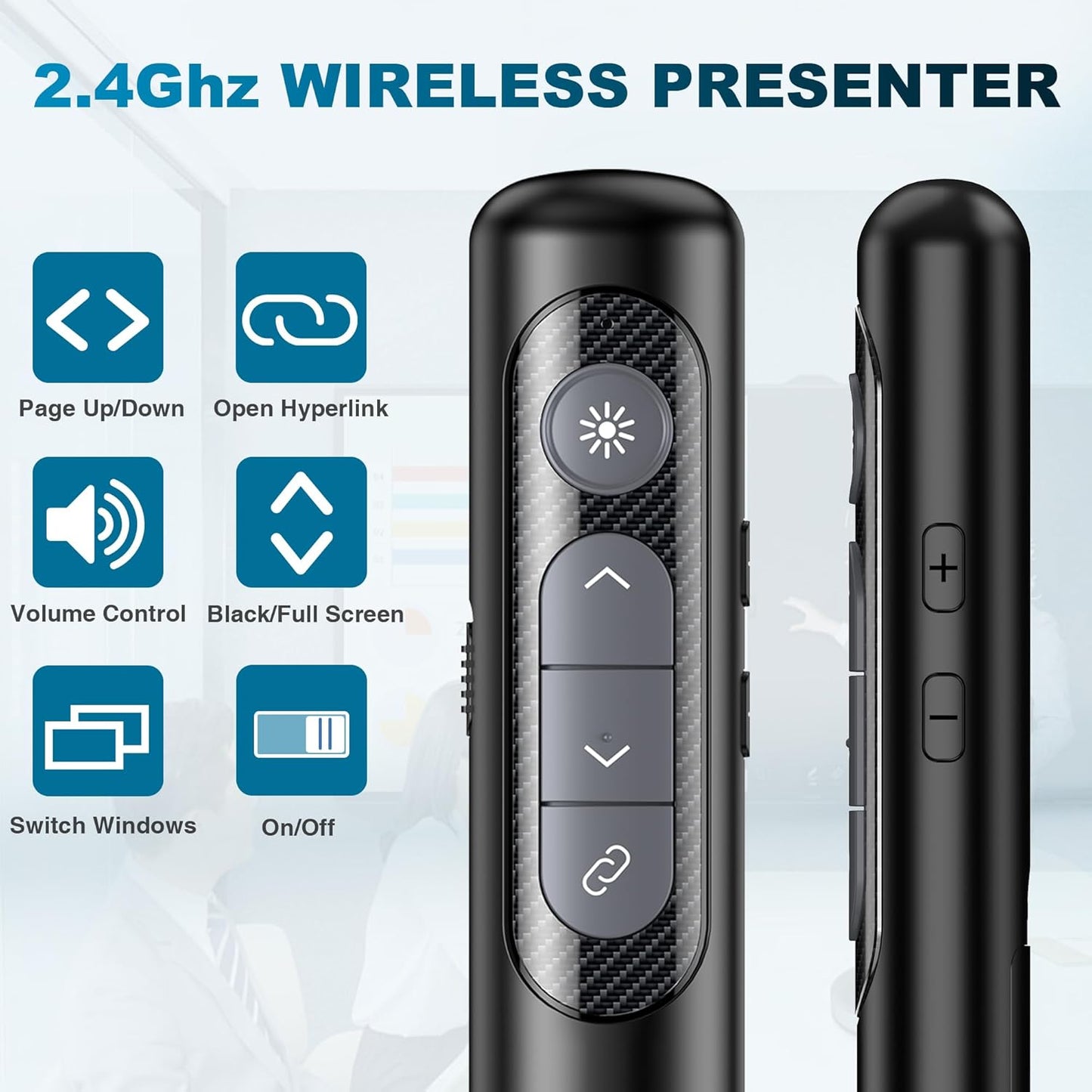 Wireless Presentation Clicker with Red Laser Pointer,Hyperlink Volume Control Powerpoint Clicker for Mac Computer Keynote Prezi Google, Presenter Remote PPT Clicker for Presentations