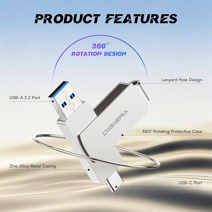 512GB 2‑in‑1 USB‑A & USB‑C Flash Drive, USB 3.2 Gen 2 Thumb Drive, 500MB/s Read 400MB/s Write, 360° Swivel Compact Aluminum Memory Stick for File Transfer, Backup & Travel Storage