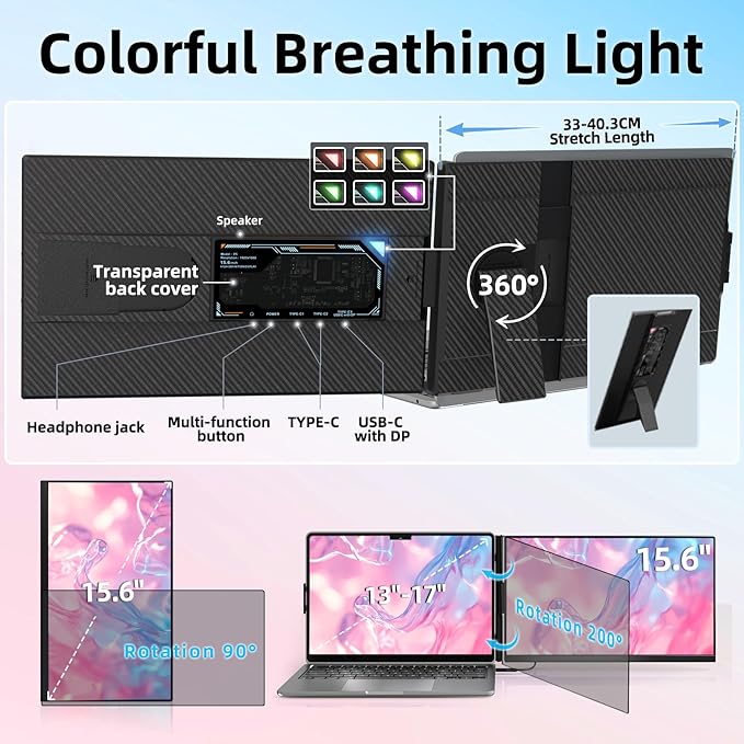 Laptop Screen Extender Dual Monitor - 15.6" Portable Monitor Detachable IPS 1080P FHD 85% NTSC Travel Screen USB-C HDMI Port Compatible with Wins Mac Chrome Dex Fits 13-17" Laptops