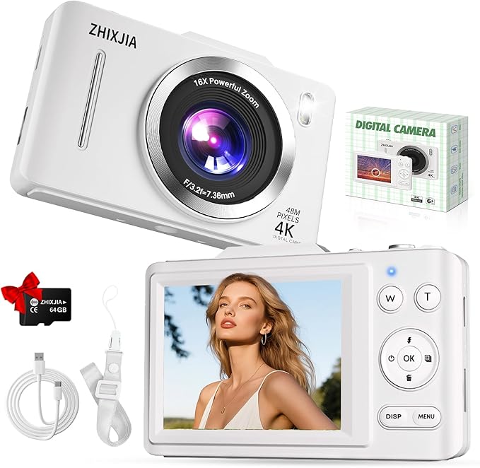 Digital Camera, Autofocus 4K Vlogging Camera for Photography with 64GB Card, 48MP Portable Compact Point and Shoot Digital Camera for Teens Adult Beginner with 16X Zoom, Anti-Shake,(White)