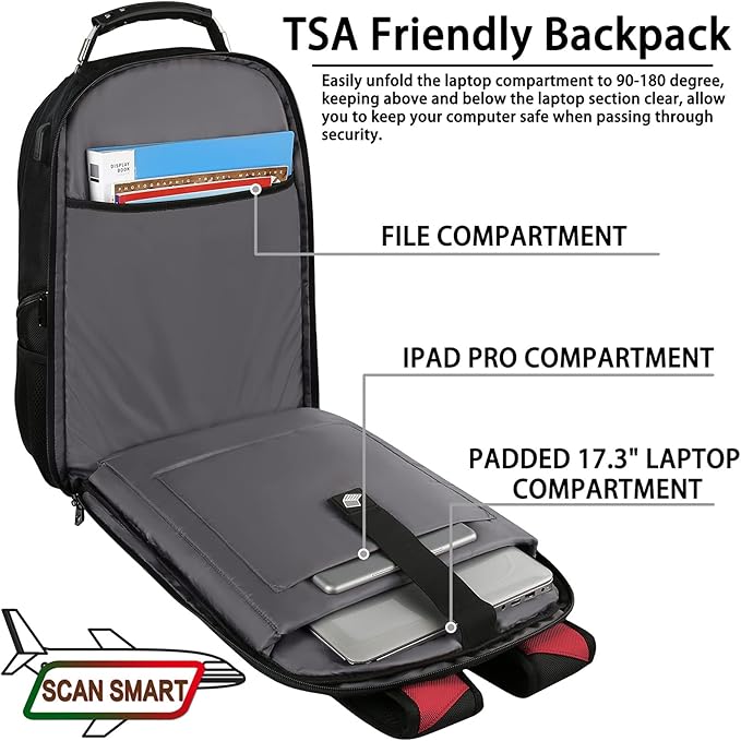 17.3 Laptop Backpack, Extra Large Travel laptop Backpack with Rain Cover, TSA Friendly Flight Approved with RFID Anti Theft Pocket and USB Charger Port, Water Resistant College Bag for Men and Women