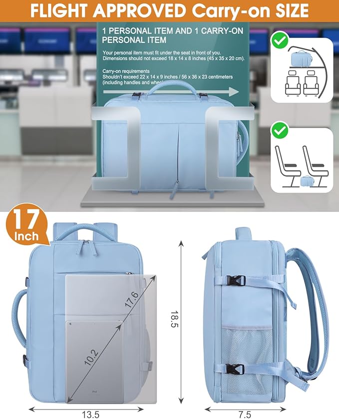 Capolo Travel Backpack for Women Men Waterproof Laptop Backpack Airlines Approved Carry On Backpack Bag Computer Bookbag for Business, Work, Traveling Fits 17 Inch Laptop(Blue)