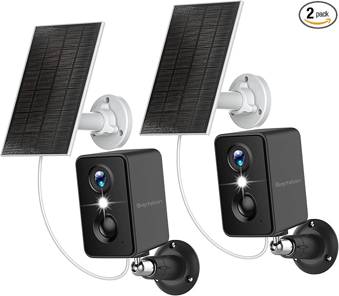 Septekon 2K Security Cameras Wireless Outdoor 2 Pack, Solar Battery Powered Camera with Two Spotlights, PIR Motion Detection Siren, Color Night Vision, 2-Way Audio, IP66 Waterpoof
