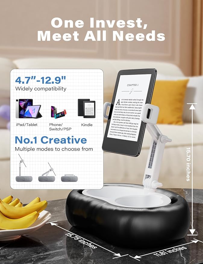 Tablet Kindle Pillow Stand Holder with 2 Trays Fit 4''-13'' Phone/Tablet/Kindle iPad Holder Stand for Bed with Soft PU Leather Reading Accessories Gift for Reading, Black