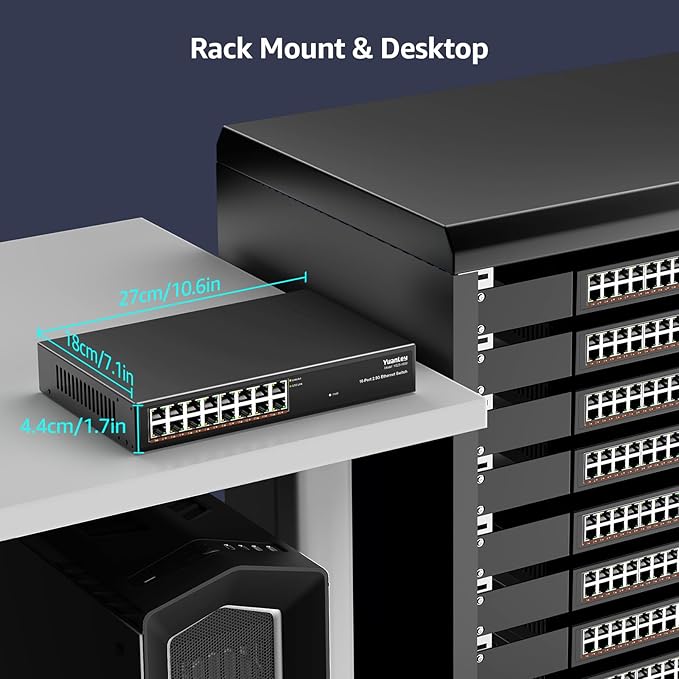YuanLey 16 Port 2.5GB Umanaged Ethernet Switch, 16 x 2.5G Base-T Ports, Compatible with 100/1000/2500Mbps, Metal Fanless, Desktop/Rack Mount YuanLey 2.5 Gigabit Network Switch for Wireless AP, PC