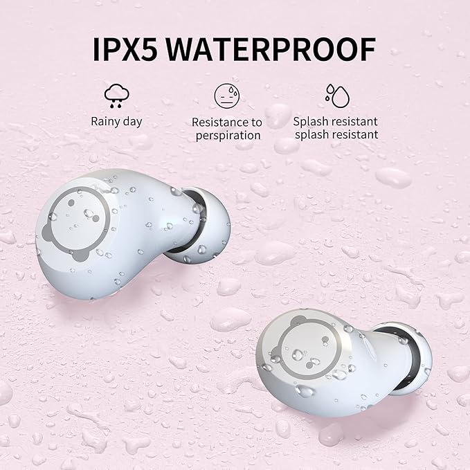 Bluetooth Earbuds Pink Wireless Earbud for Kids 36H Playtime IPX5 Waterproof Noise Reduction Cordless Girls Headphones USB-C LED Display Cartoon Kids Earphones