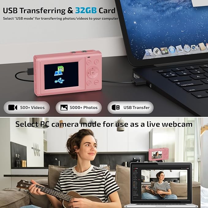 Digital Camera, FHD 4K 44MP Autofocus Point and Shoot Camera with 2.4" LCD 16X Zoom Portable Compact Cheap Camera for Teens Boys Girls Kids Adults (Pink)