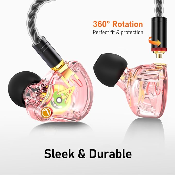 Vibes 202 Wired Earbuds, HiFi in Ear Monitor Headphones, Noise Isolating Ear Buds w/Mic, Deep Bass & Comfort-Fit Earphones, Silver Plated Cord, Carrying Case, USB C, Pink