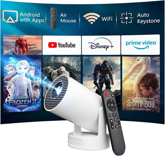 Mini Projector Android, WiFi Bluetooth 1080P Support HD Smart Projector with Apps, Auto Keystone, 180° Rotation, Portable Home Outdoor Movie Projector, Compatible Smartphone, Laptop, HDMI