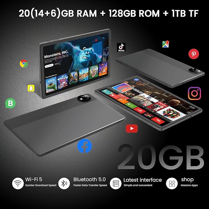 Tablet, 11-inch Android 15 tablets, 20GB+128GB+1TB expansion, Octa-core, 8000mAh large-capacity battery, 5G/2.4G WiFi6, GPS, Bluetooth 5.0, 5MP + 8MP dual cameras, Widevine L1, protective case - Black