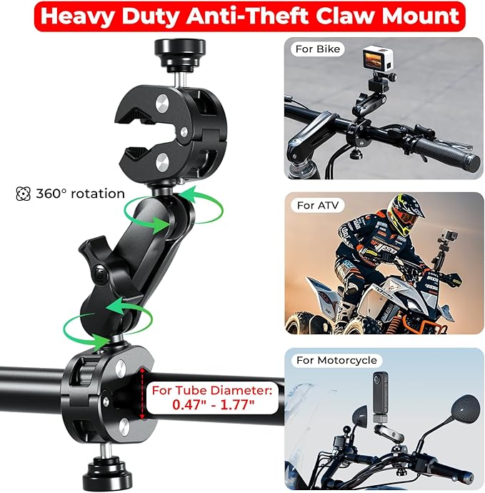 Aluminum Alloy Motorcycle Camera Mount Kit for GoPro Insta360 DJI, 360° Rotating Heavy-Duty Bike Handlebar Anti-Theft Clamp Mount with Extendable Selfie Stick for Motorcycle Bike ATV UTV