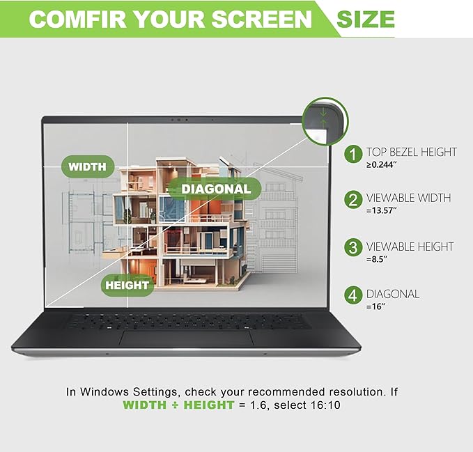 Magnetic Laptop Privacy Screen 16 inch for 16:10 Computer Monitor, Removable Anti-Glare Screen Privacy Shield, Screen Filter and Protector for Laptop (13 9/16" × 8 13/16"), Fits (WUXGA 1920×1200)