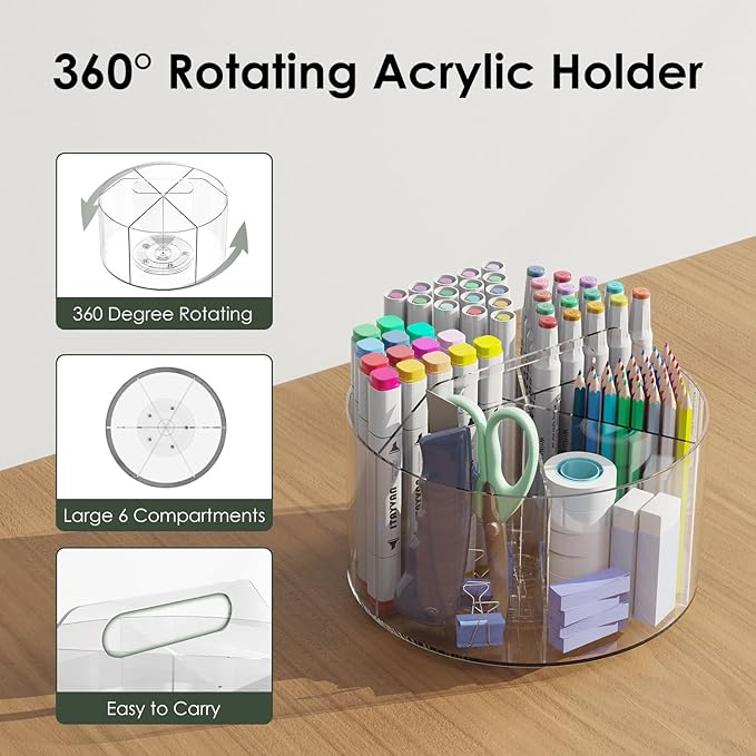 Desk Pen Holder, 360 Degree Acrylic Rotating Pencil Organizer for Kid Crayon Marker, Office Supply Accessory Organizer Rotating Organization for Desktop, Kitchen, Makeup, Vanity