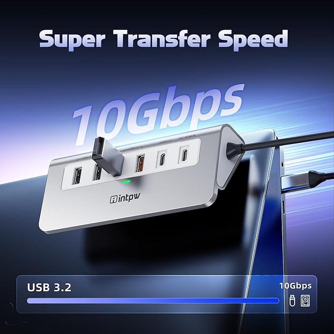 USB C Hub 10Gbps, 9-in-1 USB 3.2 Hub with 4K@60Hz HDMI, Type-C 3.2, 2 USB-A 3.2, 2 USB-A 2.0, PD 100W, SD/TF Slot, Aluminum USB Hub for Laptop, iPhone 16/15 Series, MacBook Air/Pro and More