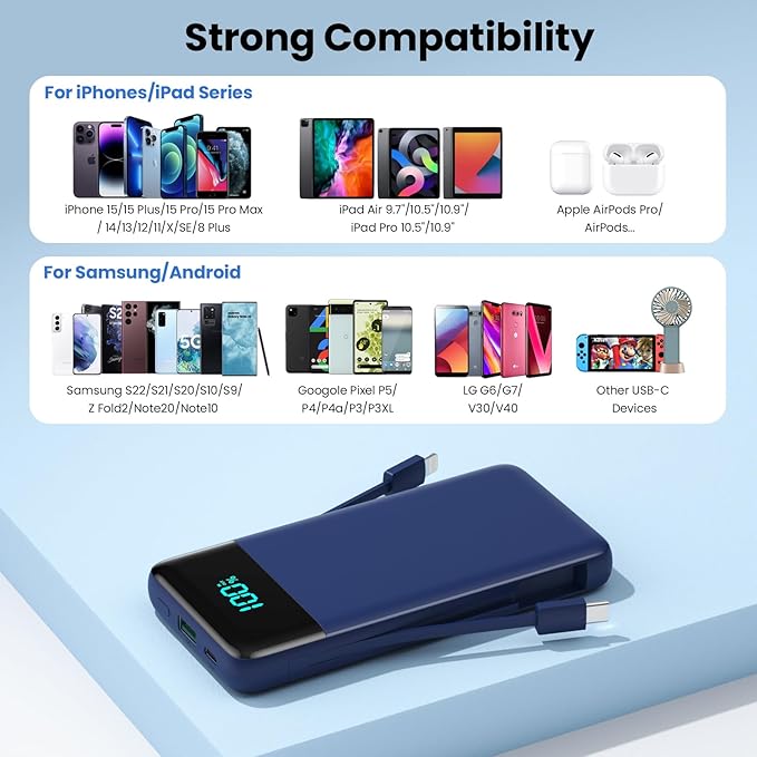 Portable Charger 13800mAh Power Bank with Built-in Cables,LCD Display Fast Charging USB C Battery Pack,4 Outputs Travel Essential Portable Phone Charger for iPhone 16/15/14/13,Android (Navy Blue)