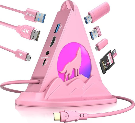 Wolf USB C Hub, Pink 8-in-1 Type C Multiport Adapter with 4K@30Hz HDMI, 100W PD, 5Gbps 1xUSB-C, 3xUSB-A 3.0, SD/TF Slots, Base-Stand, RGB MacBook Adapter for MacBook Air/Pro, iPad, iMac, Surface, XPS