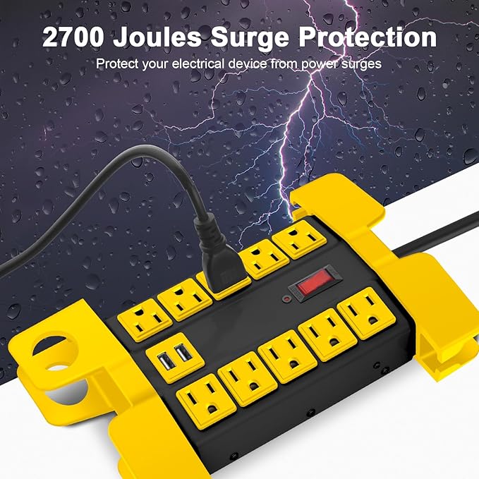 CCCEI Heavy Duty Power Strip with USB Ports, Garage 10 Outlets Surge Protector 2700 Joules, Industrial Workshop Metal 15Amp Multiple Outlets, 6 FT Extension Cord and Wide Spaced Black