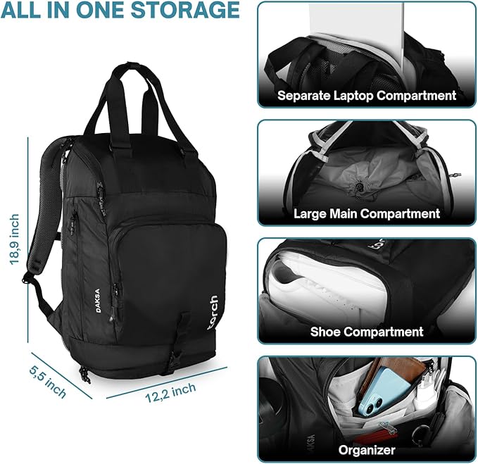 torch Laptop Backpack for Men & Women – Carry On Backpack 27L with 16-Inch Laptop Compartment, Shoe Compartment, and Anti-Sweat Back Panel, Casual Totepack for Work, Travel, and Everyday Use (Daksa)