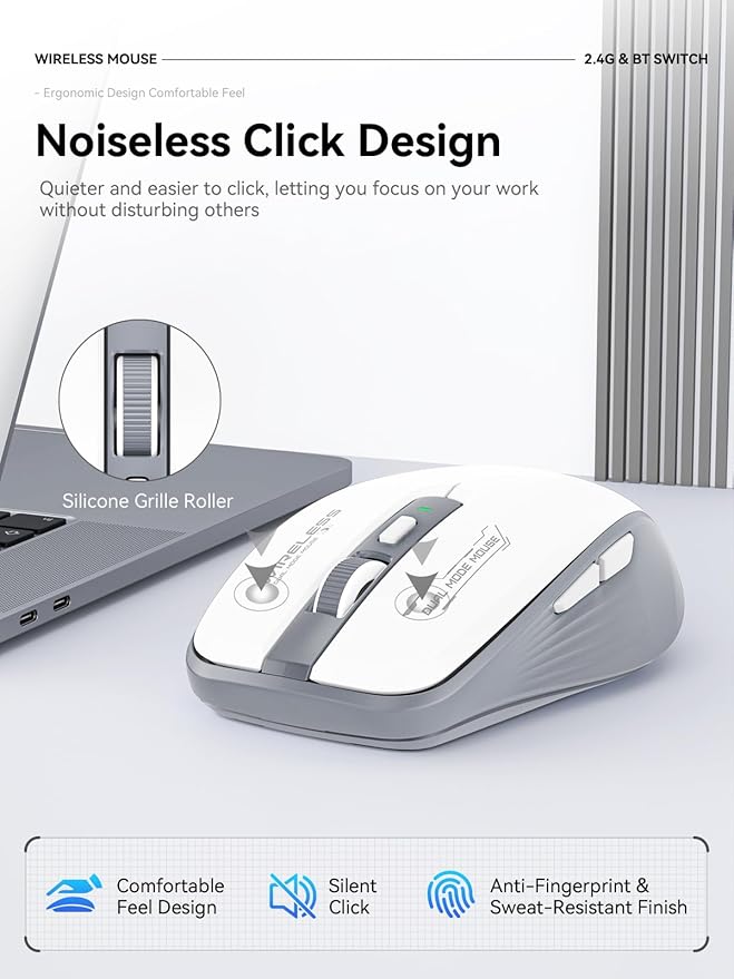 Wireless Mouse (Bluetooth & 2.4GHz USB) with Forward/Backward Side Keys, Silent Click, Ergonomic Portable AA Battery Mice for Laptop/Mac/iPad - Office & Travel Use, White & Grey