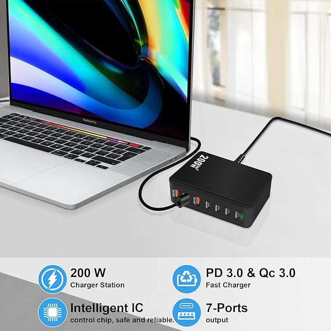 USB C Multi Charger Charging Station 200W 7-Port GaN Fast Charging Brick PD 3.0 TypeC and USB A Wall ChargerPower Adapter for All iPhoneiPadSamsung Android Pixel Series (Black)