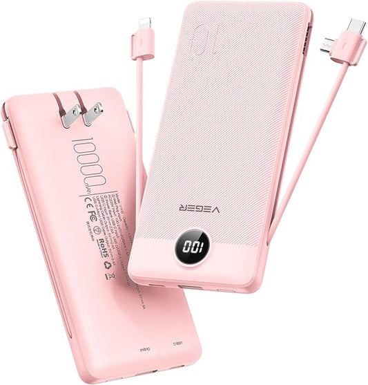 VEGER Portable Charger with Built-in AC Plug and Cables, All in One 10000mAh Ultra-Slim Power Bank, 15W Fast Charging for iPhone, Samsung, Android, Travel Essential (Crepe)