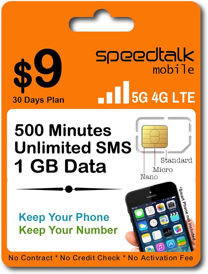 SpeedTalk Mobile Universal SIM Card Kit for 5G 4G LTE iOS Android Smart Phones | Talk Text Data | Triple Cut 3 in 1 Simcard - Standard Micro Nano | No Contract Cellphone Plan (1 GB)