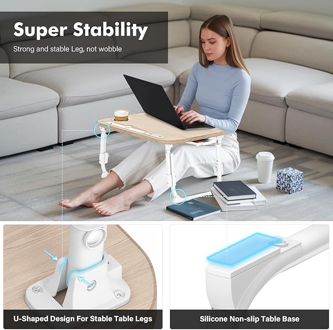 Lap Desk for Bed Adjustable Height, Foldable Bed Table with Storage Drawer, Tablet Slot & Cup Holder, Portable Laptop Stand for Bed & Sofa, Bed Desk for Adults & Kids, Glacier