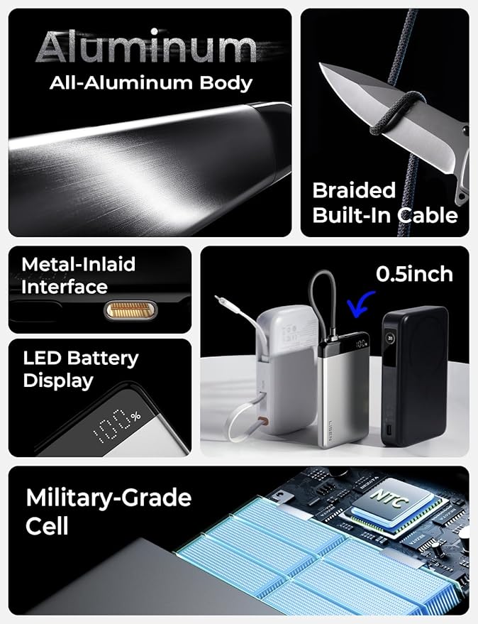 LISEN 0.5" Ultra Slim Portable Charger Power Bank [10000mAh 22.5W] CCC Certified Power Bank TSA Approved, Airplane Gadgets for Global Travel Essentials Portable Battery Pack with Built-in USB C Cable