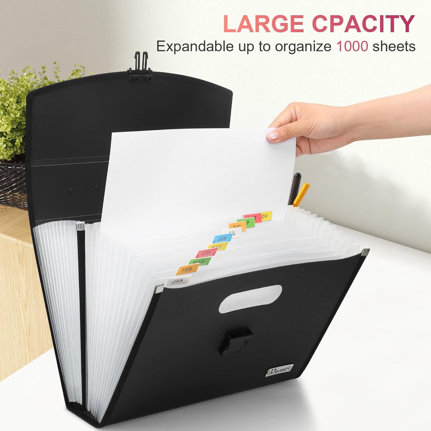 Uquelic 26 Pockets Expanding File Folder Organizer - Upgraded Durable Buckle, Accordion Folder Base with Ergonomic Portable Handle/Large A4 Letter Size Document Organizer, Folders with Pockets