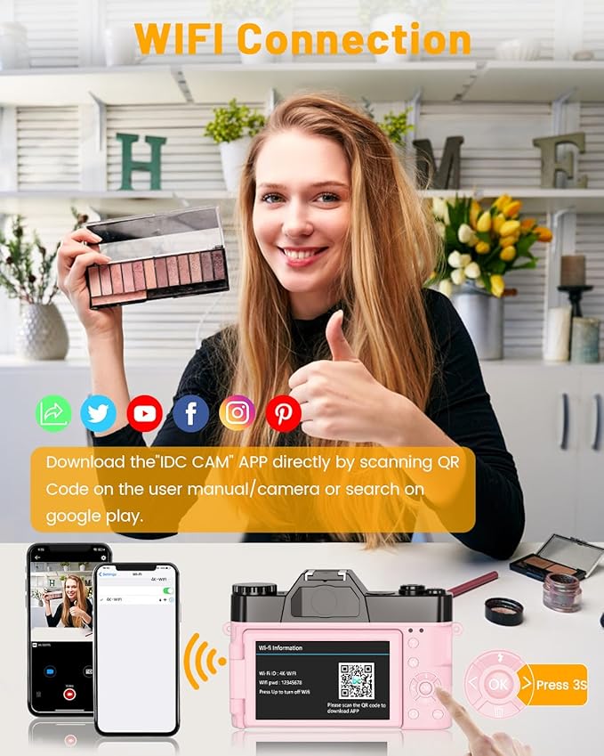 2024 Upgrade VJIANGER Digital Camera for Photography Vlogging Camera for YouTube with WiFi, 180° Flip Screen, 16X Digital Zoom, 52mm Lens, 2 Batteries, 32GB Micro SD Card(Pink)