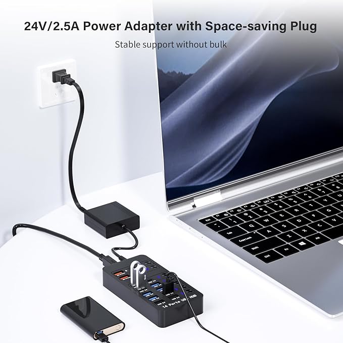 Powered USB Hub, 14 Ports USB Splitter with Individual Power On/Off Switches, 60W Power Adapter for Mac, PC, and More