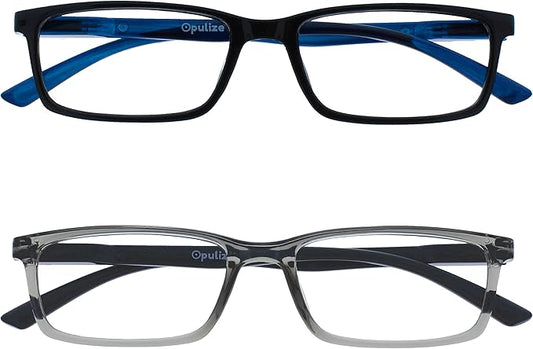 OPULIZE SEE Reading Glasses with Blue Light Blocking for Women and Men, Narrow Frame, Spring Hinges, Computer Gaming Glasses, Black,Grey +2.5 (Pack of 2)