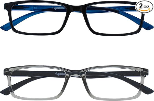 OPULIZE SEE Reading Glasses with Blue Light Blocking for Women and Men, Narrow Frame, Spring Hinges, Computer Gaming Glasses, Black,Grey +1 (Pack of 2)