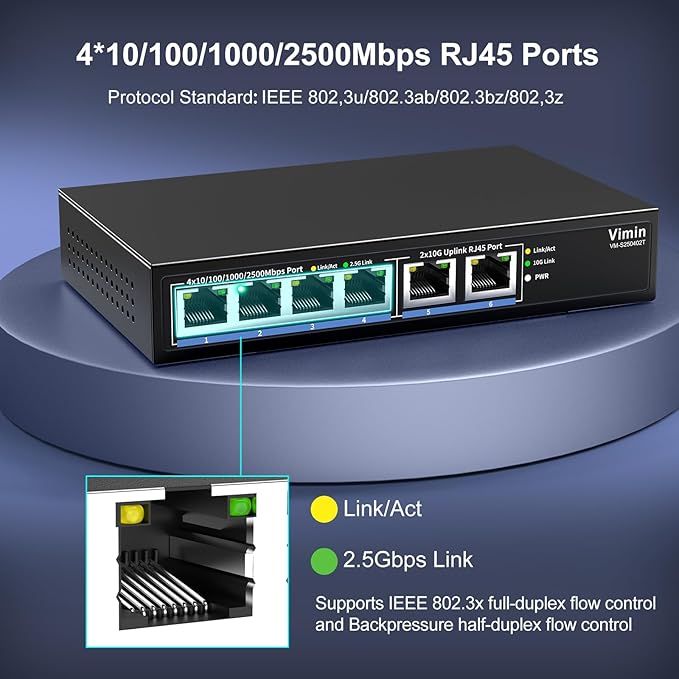 6-Port 10G/2.5G Ethernet Switch with Dual 10GBASE-T, Vimin 4X 2.5G +2 x 10Gb RJ45 Ports Unmanaged Switch, 60Gbps Capacity, 10G Switch Desktop/Wall Mount Network Switch for NAS, PC, Wireless AP