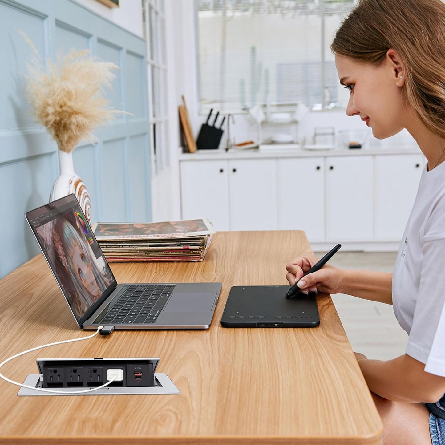 Pop up Outlet; Power Strip; Embedded countertop Outlet; 4 Power Outlets with USB-C PD 20W Fast Charging 16AWG Power Cord; Suitable for Office, Conference, Home, Book Rooms -Silver