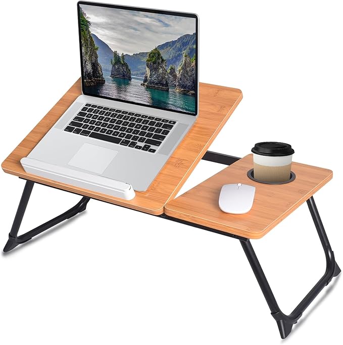 Adjustable Laptop Bed Table with Book Stand, Portable Reading Desk with Side Panel, Wood Grain