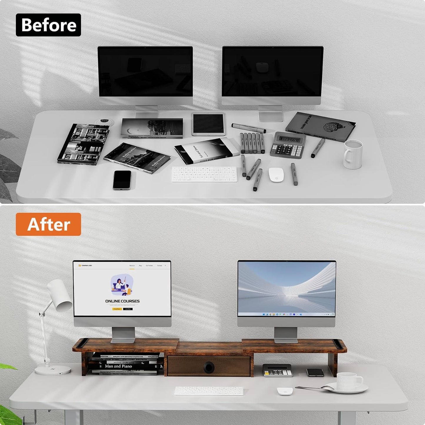 Dual Monitor Stand Riser with Drawer-Adjustable Length and Angle, Monitor Stand Riser for 2 Monitors, Desktop Organizer Stand for Computer/Laptop/PC/Printer (Rust Brown)